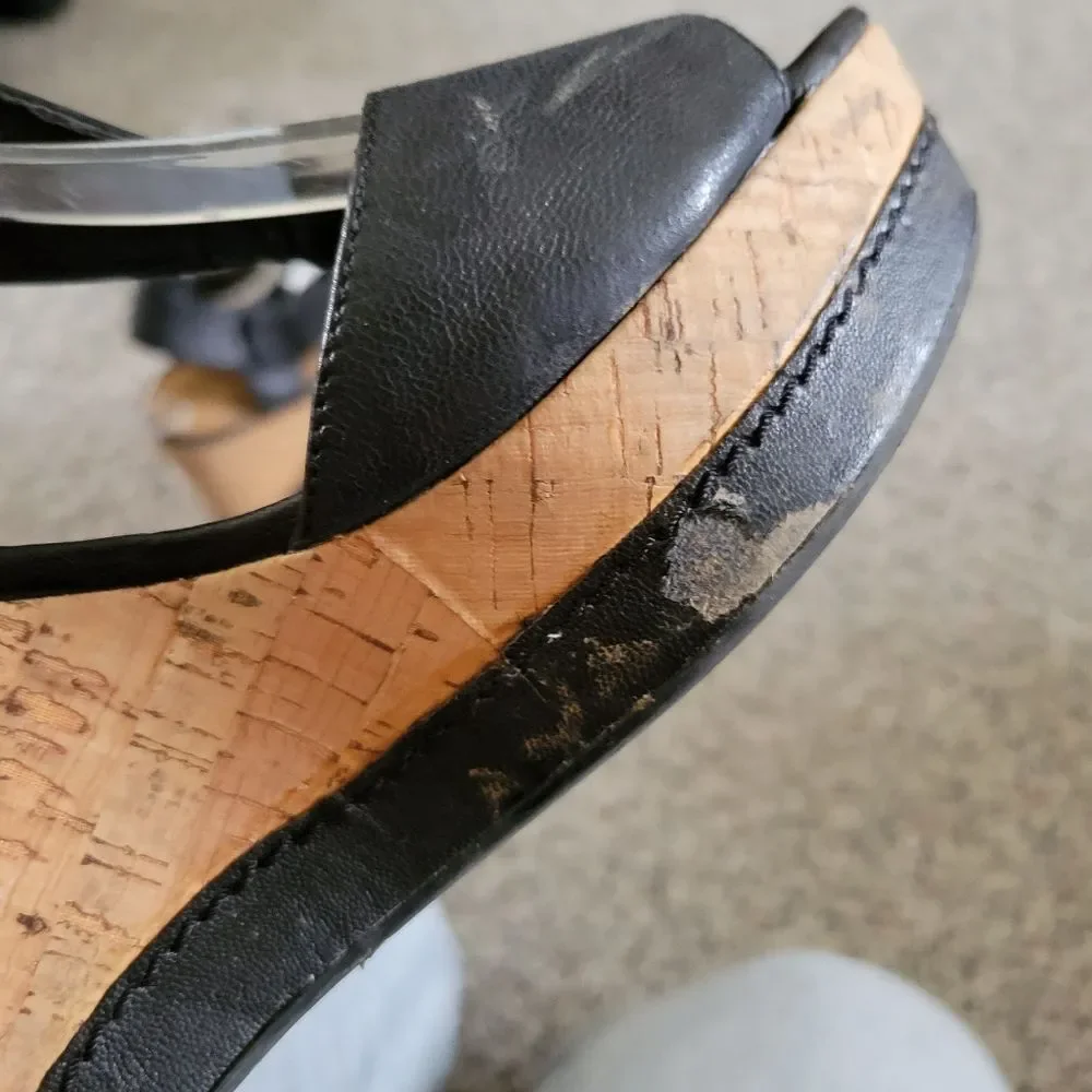Franco Sarto Shantelle Black Leather & Cork Wedge Sandals Size 9